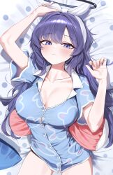 Rule 34 | 1girl, absurdres, bed sheet, blue archive, blue eyes, blue hair, blue pajamas, blush, breasts, buttons, cleavage, closed mouth, collarbone, cowboy shot, fingernails, halo, highres, large breasts, looking at viewer, lying, mechanical halo, official alternate costume, on back, pajamas, pillow, sgholln, short sleeves, sleepwear, solo, yuuka (blue archive)