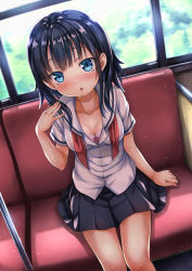Rule 34 | 1girl, black hair, black skirt, blue eyes, blurry, blurry background, blush, bow, bow bra, bra, breasts, cleavage, collarbone, commentary request, day, depth of field, dress shirt, dutch angle, hand up, highres, itakurakou1993, long hair, looking at viewer, medium breasts, neckerchief, open clothes, open shirt, original, parted lips, pink bra, pleated skirt, red neckwear, sailor collar, school uniform, serafuku, shirt, short sleeves, sitting, skirt, solo, summer, sweat, underwear, undone neckerchief, white sailor collar, white shirt