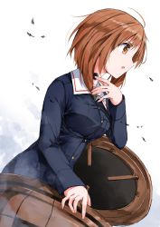 Rule 34 | 1girl, absurdres, blue jacket, brown eyes, brown hair, commentary, girls und panzer, hand on own throat, highres, jacket, long sleeves, looking to the side, military, military uniform, nishizumi miho, ooarai military uniform, open mouth, short hair, smoke, solo, tank cupola, throat microphone, uniform, wind, yanagi marie