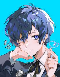 Rule 34 | 1boy, absurdres, bibi booom, black jacket, blue background, blue eyes, blue hair, blush, closed mouth, collared shirt, gekkoukan high school uniform, hair between eyes, hand on own cheek, hand on own face, heart, highres, jacket, long sleeves, looking at viewer, male focus, musical note, neck ribbon, persona, persona 3, ribbon, school uniform, shirt, simple background, solo, sparkle, upper body, white shirt, yuuki makoto (persona 3)