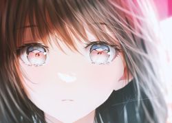 Rule 34 | 1girl, blurry, blurry background, brown hair, close-up, commentary request, highres, light, looking at viewer, medium hair, ojay tkym, original, parted lips, signature, solo, tearing up