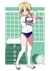 Rule 34 | 1girl, absurdres, ball, blonde hair, blue buruma, blue eyes, buruma, commentary request, contemporary, double vertical stripe, gym shirt, gym uniform, hair tie, highres, looking at viewer, low twintails, medium hair, moriya suwako, name tag, nora wanko, open mouth, outside border, shirt, shoes, solo, standing, stretching, thighhighs, touhou, translated, twintails, uwabaki, vaulting horse, volleyball, volleyball (object), volleyball net, white footwear, white thighhighs