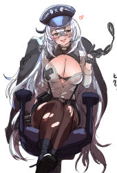 Rule 34 | 1girl, azur lane, belt, black bra, black gloves, bra, breasts, cleavage, commentary request, cuffs, gangut (azur lane), gangut (imposing warden) (azur lane), gloves, hair between eyes, hat, heart, heart-shaped pupils, hey taisyou, highres, large breasts, long hair, mole, mole under eye, open mouth, pantyhose, red eyes, shirt, silver hair, smile, symbol-shaped pupils, torn clothes, torn legwear, underwear, very long hair, white shirt