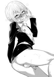 Rule 34 | 1boy, ass, bad id, bad twitter id, blush, formal, glasses, greyscale, highres, inactive account, male focus, mario (mario portal), monochrome, nipple piercing, penis, piercing, saliva, short hair, small penis, suit, trap, tucked penis