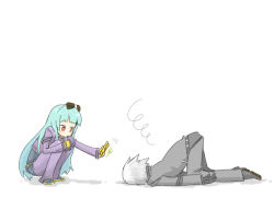 Rule 34 | 1boy, 1girl, blue hair, gloves, grey hair, k&#039; (kof), kula diamond, long hair, red eyes, short hair, simple background, snk, squatting, squiggle, sunglasses, the king of fighters, top-down bottom-up, very long hair, white background, white hair, ziro, ziro (daydozen)