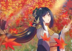 Rule 34 | 1girl, absurdly long hair, absurdres, ainu clothes, animal ears, aquaplus, arm up, autumn leaves, black hair, blurry, blurry background, breasts, dress, eyelashes, eyes visible through hair, flower, flower on head, from side, gradient eyes, hair between eyes, hair ornament, hair over one eye, high ponytail, highres, kuon (utawarerumono), layered sleeves, leaf, light rays, long hair, long sleeves, low-tied long hair, medium breasts, multicolored eyes, nose, open mouth, outdoors, ponytail, raised eyebrows, rangetsu, scarf, shadow, sidelocks, solo, sunlight, swept bangs, tree, upper body, utawarerumono, utawarerumono: itsuwari no kamen, very long hair, wide sleeves, yellow eyes, yellow scarf
