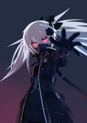 Rule 34 | 1girl, 32zzz, black bodysuit, black jacket, black rock shooter, bodysuit, dark persona, grey background, hair between eyes, headgear, highres, insane black rock shooter, jacket, long hair, mask, mechanical arms, mechanical hands, mouth mask, red eyes, sidelocks, twintails, uneven twintails, white hair, white rock shooter