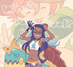 Rule 34 | 1boy, 1girl, angry, armband, arms up, bikini, bikini top only, blue gloves, blue hair, closed eyes, creatures (company), dark-skinned female, dark skin, drednaw, english text, eyeliner, freckles, game freak, gen 8 pokemon, gloves, gym leader, hair ornament, hairclip, highres, jewelry, komasawa (fmn-ppp), makeup, milo (pokemon), multicolored hair, navel, necklace, nessa (pokemon), nintendo, outline, partially fingerless gloves, pink hair, pokemon, pokemon (creature), pokemon swsh, projected inset, shorts, simple background, single glove, swimsuit, tan background, two-tone hair, waving