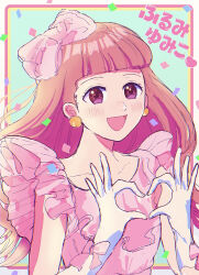 Rule 34 | 1girl, :d, absurdres, babel ii, blush, bow, brown hair, confetti, dress, earrings, furumi yumiko, gloves, hair bow, heart, heart hands, highres, jewelry, koharu (ymnkic51), long hair, looking at viewer, open mouth, pink bow, pink dress, simple background, smile, solo, upper body, white gloves
