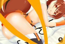 Rule 34 | 1girl, animal ears, ass, black thighhighs, blazblue, blush, breasts, brown hair, censored, highres, looking at viewer, lying, makoto nanaya, multicolored hair, hugging object, on bed, orange eyes, orange skirt, pillow, pillow hug, revealing clothes, rokkoroko, short hair, skirt, solo, squirrel ears, squirrel tail, tail, thighhighs, two-tone hair