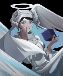 Rule 34 | 1girl, absurdres, angel, angel wings, black background, black clover, black hair, blue eyes, cross, cube, curled horns, facial mark, habit, halo, highres, holding cube, horns, lily aquaria, mole, nun, poonwip, robe, smile, solo, white halo, white robe, wings