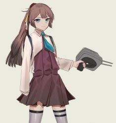Rule 34 | 1girl, aqua necktie, blue eyes, brown hair, closed mouth, dress, grey background, grey thighhighs, highres, holding, jacket, kantai collection, kazagumo (kancolle), kazagumo kai ni (kancolle), long hair, long sleeves, necktie, ponytail, purple dress, simple background, solo, stota1320, thighhighs, white jacket