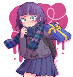 Rule 34 | 1girl, adjusting scarf, backpack, bag, black nails, blue skirt, blush, box, earclip, earrings, female focus, foreshortening, gift, gift box, green eyes, highres, holding, holding gift, jacket, jewelry, looking at viewer, medium hair, mocom3310, original, outstretched arm, plaid, plaid scarf, pleated skirt, purple hair, purple jacket, scarf, shy, skirt, solo, valentine