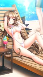 Rule 34 | 1girl, armpits, bare arms, bare legs, bikini, blush, bow, breasts, brown eyes, brown hair, cleavage, closed mouth, cup, doukyuusei another world, drinking glass, drinking straw, game cg, hair bow, hair intakes, highleg, highleg bikini, kakyuusei 2, large breasts, long hair, low twintails, navel, saimon tamaki, sideboob, slingshot swimsuit, smile, solo focus, swimsuit, twintails, very long hair, white bikini, yellow bow