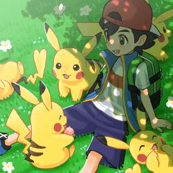 Rule 34 | 1boy, :d, arm support, ash ketchum, backpack, backwards hat, bag, baseball cap, black hair, blue footwear, blue jacket, blush, brown eyes, commentary request, creatures (company), day, flower, game freak, gen 1 pokemon, grass, green bag, hat, highres, jacket, lower teeth only, male focus, minato (mntnm), nintendo, open mouth, outdoors, pikachu, pokemon, pokemon (anime), pokemon (creature), pokemon journeys, red headwear, shirt, shoes, short hair, short sleeves, shorts, sitting, sleeveless, sleeveless jacket, smile, t-shirt, teeth, white flower
