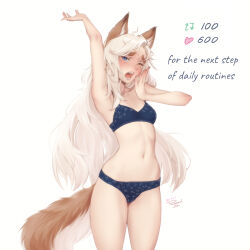 Rule 34 | 1girl, ahoge, animal ear fluff, animal ears, arm up, armpits, artist name, bare arms, bare legs, bare shoulders, blue bra, blue eyes, blue panties, bra, breasts, commentary, cowboy shot, english commentary, english text, fox ears, fox girl, fox tail, hand to own mouth, highres, like and retweet, long hair, looking at viewer, losse (personal ami), meme, messy hair, navel, one eye closed, original, panties, personal ami, simple background, small breasts, solo, stomach, stretching, tail, thick eyebrows, twitter strip game (meme), underwear, underwear only, very long hair, white background, white hair, yawning