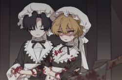Rule 34 | 2boys, apron, bbunny, black dress, black hair, black ribbon, blonde hair, blood, blood on clothes, blood on hands, bow, closed eyes, crying, demian (project moon), dress, frilled headwear, hat, hat bow, kitchen knife, limbus company, long sleeves, mob cap, multiple boys, neck ribbon, parted lips, project moon, ribbon, sinclair (project moon), smile, upper body, white apron, white bow, white headwear, wiping blood, yellow eyes