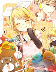 Rule 34 | !, 1boy, 1girl, ?, apron, arm warmers, bad id, bad pixiv id, bare shoulders, baseball, bear, bird, blonde hair, blush, brother and sister, electric screwdriver, closed eyes, fish, green eyes, hair ornament, hair ribbon, hairclip, headphones, heart, imagining, kagamine len, kagamine rin, n (nico ed), necktie, open mouth, power tool, ribbon, short hair, siblings, smile, snake, thought bubble, tools, twins, vocaloid