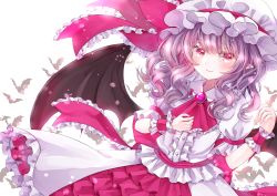 Rule 34 | 1girl, ascot, bat (animal), bat wings, belt, bow, buttons, closed mouth, collar, collared dress, dress, flying, gem, hair between eyes, hands up, hat, hat ribbon, jaku sono, jewelry, looking to the side, medium hair, mob cap, pink ascot, pink belt, pink bow, pink eyes, pink ribbon, pointy ears, puffy short sleeves, puffy sleeves, purple hair, remilia scarlet, ribbon, short sleeves, smile, solo, touhou, white background, white dress, white hat, white sleeves, wings, wrist cuffs