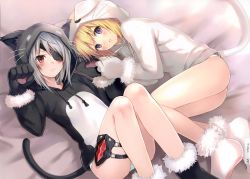 Rule 34 | 10s, 2girls, animal hands, artist name, ass, blonde hair, blush, cat tail, charlotte dunois, eyepatch, fukahire (ruinon), gloves, highres, hood, hoodie, infinite stratos, laura bodewig, long legs, lying, multiple girls, on back, on side, panties, paw gloves, purple eyes, red hair, scan, striped clothes, striped panties, tail, thigh strap, underwear, white panties