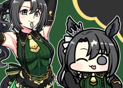 Rule 34 | 1girl, adjusting hair, animal ears, armpits, arms up, black gloves, black hair, breasts, chibi, closed mouth, commentary, crown, detached sleeves, ear ornament, elbow gloves, gloves, green background, green eyes, hair between eyes, hair ornament, horse ears, horse girl, jazz jack, long hair, looking at viewer, medium breasts, multiple views, necktie, one eye closed, open mouth, satono crown (umamusume), shorts, side ponytail, sleeveless, umamusume