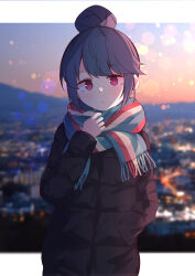 Rule 34 | 1girl, absurdres, blue hair, brown coat, city lights, cityscape, closed mouth, coat, commentary request, cowboy shot, facing viewer, hair bun, hand in pocket, hand up, highres, jacket, looking at viewer, noa 82g, outside border, purple eyes, scarf, shima rin, short hair, sidelocks, single hair bun, solo, standing, striped clothes, striped scarf, swept bangs, winter clothes, winter coat, yurucamp