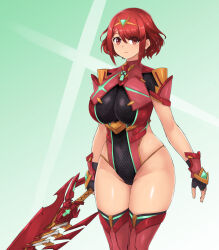 Rule 34 | 1girl, breasts, covered navel, fingerless gloves, gloves, highres, large breasts, legs, leotard, long hair, looking at viewer, pyra (xenoblade), red eyes, red hair, smile, solo, thick thighs, thighs, weapon, wide hips, xenoblade chronicles (series), xenoblade chronicles 2