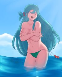 Rule 34 | 1girl, ^ ^, absurdres, aqua hair, bikini, bikini bottom only, bow, braid, breasts, chloe (fire emblem), closed eyes, commentary, covering privates, covering breasts, crab, fire emblem, fire emblem engage, hair bow, highres, large breasts, long hair, navel, nintendo, obsidianwasp, ocean, red bow, solo, standing, stomach, swimsuit, thighs, topless, very long hair, wading, water