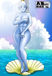 Rule 34 | 1girl, aaron broscli, abs, angel (dragon ball), bangs pinned back, barefoot, blue skin, breasts, cloud, colored skin, completely nude, contrapposto, covering privates, covering breasts, covering crotch, dragon ball, dragon ball super, facing viewer, female focus, fine art parody, full body, high ponytail, highres, lens flare, looking at viewer, medium breasts, nail polish, navel, nude, ocean, outdoors, parody, purple eyes, purple lips, purple nails, seashell, shell, sky, solo, standing, the birth of venus, vados (dragon ball), white hair