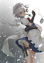 Rule 34 | 1girl, apron, arched back, black gloves, bow, braid, dagger, emushake, gloves, gradient background, hair bow, hair ornament, highres, image sample, izayoi sakuya, knife, looking at viewer, maid, maid apron, maid headdress, pocket watch, puffy sleeves, red eyes, resolution mismatch, ribbon, shirt, short hair, short sleeves, skirt, skirt set, solo, source larger, thighs, touhou, twin braids, vest, waist apron, watch, weapon, white hair