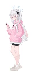 Rule 34 | 1girl, absurdres, alternate costume, backpack, bag, bike shorts, black bow, black shorts, blue archive, bow, cellphone, closed mouth, cross-laced footwear, expressionless, full body, hair bow, halo, hand in pocket, highres, hiyayo25, holding, holding phone, hood, hoodie, long hair, long sleeves, looking at viewer, miyako (blue archive), one side up, phone, pink hoodie, purple eyes, shoes, shorts, sidelocks, simple background, smartphone, socks, solo, standing, white background, white bag, white hair, white socks