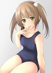 Rule 34 | 1girl, bare arms, bare shoulders, black one-piece swimsuit, breasts, brown hair, collarbone, commentary request, green eyes, grey background, hand to own mouth, hand up, highres, looking at viewer, old school swimsuit, one-piece swimsuit, original, school swimsuit, shibacha, simple background, sitting, small breasts, solo, swimsuit, tongue, tongue out, twintails