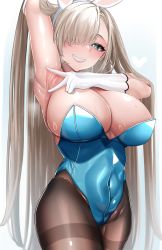 Rule 34 | 1girl, animal ears, arm behind head, arm up, armpit focus, armpits, asuna (blue archive), asuna (bunny) (blue archive), bare shoulders, blue archive, blue eyes, blue leotard, blush, breasts, brown pantyhose, cleavage, detached collar, elbow gloves, fake animal ears, gloves, grin, hair over one eye, highleg, highleg leotard, highres, keishi surota, large breasts, leotard, light brown hair, long hair, looking at viewer, mole, mole on breast, official alternate costume, pantyhose, playboy bunny, rabbit ears, smile, solo, sweat, thighs, white gloves