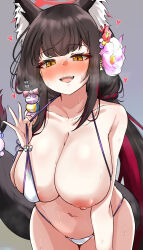 Rule 34 | 1girl, animal ear fluff, animal ears, areola slip, bikini, black hair, blue archive, blush, breasts, collarbone, cowboy shot, flower, fox ears, fox girl, fox tail, grey background, hair flower, hair ornament, halo, heart, highres, large breasts, long hair, looking at viewer, machismo fuji, multicolored hair, navel, nipples, one breast out, open mouth, red hair, solo, swimsuit, tail, teeth, two-tone hair, upper teeth only, wakamo (blue archive), wakamo (swimsuit) (blue archive), white bikini, yellow eyes