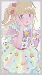 Rule 34 | 1girl, :d, absurdres, blonde hair, blue bow, blue sailor collar, blush, border, bow, center frills, frills, grey border, hair bow, hand on own cheek, hand on own face, hand up, highres, holding, holding microphone, idol time pripara, kemura (puripurinea), long hair, looking at viewer, microphone, multicolored nails, open mouth, pink bow, pretty series, pripara, purple bow, purple eyes, ringlets, sailor collar, short sleeves, smile, solo, standing, star (symbol), star print, two side up, yumekawa yui