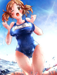 Rule 34 | 10s, 1girl, ;o, blue one-piece swimsuit, blush, breasts, brown eyes, brown hair, cameltoe, character name, clenched hands, collarbone, day, diffraction spikes, dutch angle, fisheye, hair ornament, hair scrunchie, hands up, hip focus, idolmaster, idolmaster cinderella girls, impossible clothes, kneeling, knees together feet apart, large breasts, looking at viewer, mogiko yoshida, name tag, ocean, old school swimsuit, one-piece swimsuit, one eye closed, open mouth, outdoors, parted bangs, polka dot, school swimsuit, scrunchie, shiny clothes, short hair, short twintails, sky, solo, splashing, surprised arms, swimsuit, taut clothes, taut swimsuit, thigh gap, thighs, totoki airi, twintails, water, wet, wet clothes, wide-eyed, yoshida mogiko