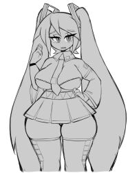 Rule 34 | 1girl, between breasts, boots, breasts, cleavage, detached sleeves, greyscale, hand on own hip, hatsune miku, highres, kaziedell, large breasts, long hair, looking at viewer, monochrome, necktie, necktie between breasts, open mouth, pleated skirt, sketch, skirt, solo, thick thighs, thigh boots, thighs, twintails, vocaloid