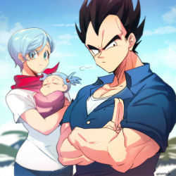 Rule 34 | 1boy, 2girls, puff of air, baby, baby carry, black eyes, black hair, blue hair, blue shirt, blue sky, blurry, blurry background, bra (dragon ball), bulma, carrying, closed eyes, closed mouth, cloud, cloudy sky, collarbone, collared shirt, couple, crossed arms, day, denim, dragon ball, dragon ball super, earrings, eyelashes, facing viewer, family, father and daughter, frown, hair bobbles, hair ornament, happy, jeans, jewelry, looking at viewer, looking to the side, mother and daughter, multiple girls, muscular, neckerchief, ommmyoh, outdoors, palm tree, pants, pectorals, red neckerchief, salute, serious, shirt, short hair, short sleeves, sky, sleeping, smile, spiked hair, tree, twintails, twitter username, upper body, vegeta, very short hair, white shirt