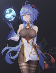 Rule 34 | 1girl, ahoge, artist name, bare shoulders, bell, black pantyhose, blue gloves, blue hair, blush, breasts, detached sleeves, ganyu (genshin impact), genshin impact, gloves, gold trim, groin, highres, horns, legs together, long hair, looking at viewer, medium breasts, neck bell, orb, pantyhose, parted lips, purple eyes, sideboob, sidelocks, skindentation, solo, standing, tassel, thighlet, thighs, vision (genshin impact), white sleeves, wuyi p