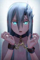 Rule 34 | 1girl, blue eyes, chain, collar, colored eyelashes, commentary request, cuffs, d:, fangs, fingernails, glowing, hair between eyes, hair censor, highres, horns, kis sako, long fingernails, long hair, looking at viewer, open mouth, original, restrained, sharp fingernails, silver hair, simple background, teeth, veins