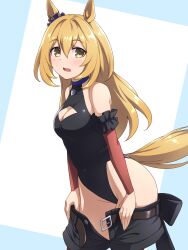 Rule 34 | 1girl, animal ears, bare shoulders, belt, black leotard, black shorts, blonde hair, blue scrunchie, blush, breasts, bridge comp (umamusume), cleavage cutout, clothing cutout, commentary request, detached sleeves, ear scrunchie, from side, hair between eyes, highres, horse ears, horse girl, horse tail, jewelry, leotard, long hair, looking at viewer, looking to the side, medium breasts, partial commentary, pataneet, pendant, removing pants, scrunchie, shorts, solo, tail, umamusume, undressing, yellow eyes
