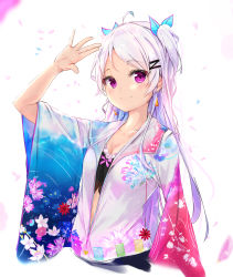 Rule 34 | 1girl, absurdres, blue ribbon, blush, bow, breasts, cleavage, closed mouth, collarbone, floral print, hair ornament, hair ribbon, hand up, highres, jacket, long hair, looking at viewer, na kyo, open clothes, original, pink bow, purple eyes, ribbon, silver hair, small breasts, smile, solo, two side up, underwear, very long hair, wide sleeves