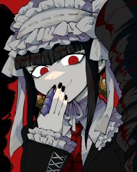 Rule 34 | 1girl, black hair, black nails, bonnet, bow, celestia ludenberg, claw ring, closed mouth, commentary request, covering own mouth, danganronpa: trigger happy havoc, danganronpa (series), drill hair, earrings, fingernails, frills, furukawa (yomawari), gothic lolita, hand over own mouth, highres, jacket, jewelry, lolita fashion, long hair, long sleeves, looking at viewer, nail polish, necktie, red eyes, red necktie, simple background, smile, solo, twin drills, twintails, upper body