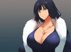 Rule 34 | 1girl, breasts, cleavage, fubuki (one-punch man), green eyes, jewelry, large breasts, looking at viewer, necklace, one-punch man, simple background, solo, tagme, yostxxx