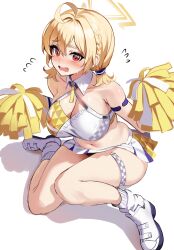 Rule 34 | 1girl, absurdres, ahoge, armpits, bent over, blonde hair, blue archive, braid, breasts, character name, cleavage, commentary request, criss-cross halter, detached collar, hair between eyes, hair tubes, halo, halterneck, highres, holding, holding pom poms, kotori (blue archive), kotori (cheer squad) (blue archive), large breasts, looking at viewer, low twintails, medium breasts, medium hair, navel, official alternate costume, official alternate hairstyle, pleated skirt, pom pom (cheerleading), pom poms, red eyes, sidelocks, simple background, single braid, sitting, skirt, sleeveless, solo, stomach, stone (ksorede), twintails, two-tone skirt, white background