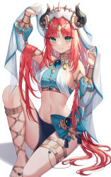 Rule 34 | 1girl, aqua eyes, arms up, breasts, closed mouth, commentary request, genshin impact, gladiator sandals, highres, horns, knee up, long hair, long sleeves, looking at viewer, low twintails, medium breasts, midriff, navel, nilou (genshin impact), nowsicaa, red hair, sandals, shadow, sideboob, simple background, sitting, smile, solo, stomach, twintails, veil, white background