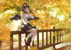 Rule 34 | 1girl, adapted costume, ahoge, autumn, autumn leaves, backlighting, bare shoulders, bird wings, black hair, black skirt, black wings, blurry, blurry foreground, breasts, brown hair, camera, closed mouth, collared shirt, commentary request, commission, day, depth of field, domotolain, expressionless, feathered wings, full body, hand in own hair, hand up, hat, highres, looking ahead, medium breasts, medium skirt, mixed-language commentary, on railing, outdoors, pleated skirt, pom pom (clothes), railing, red eyes, red footwear, red hat, shameimaru aya, shirt, short hair, sitting, skirt, sleeveless, sleeveless shirt, solo, sunlight, sweatband, tokin hat, touhou, tree, white shirt, wing collar, wings, wristband