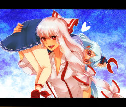 Rule 34 | 2girls, blush, carrying, carrying over shoulder, covering face, covering own mouth, covering privates, female focus, fujiwara no mokou, hand on headwear, hat, heart, holding, holding clothes, holding hat, kamishirasawa keine, letterboxed, lgw7, long hair, multiple girls, over shoulder, sleeves rolled up, suspenders, touhou