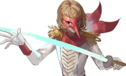 Rule 34 | 1boy, akechi gorou, bird mask, brown hair, epaulettes, gloves, grin, highres, holding, holding sword, holding weapon, kra 0056, long sleeves, looking at viewer, male focus, mask, persona, persona 5, red eyes, red mask, simple background, smile, solo, sword, upper body, weapon, white background, white gloves