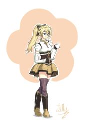 Rule 34 | 1girl, beret, blind, blonde hair, blue eyes, boots, bow, breasts, corset, cosplay, crossed legs, cup, detached sleeves, fingerless gloves, gloves, hat, katawa shoujo, mahou shoujo madoka magica, mahou shoujo madoka magica (anime), medium breasts, mige, mike angel, ponytail, satou lilly, solo, standing, thighhighs, tomoe mami, tomoe mami (cosplay), watson cross, zettai ryouiki